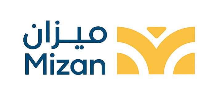 Mizan logo with golden emblem